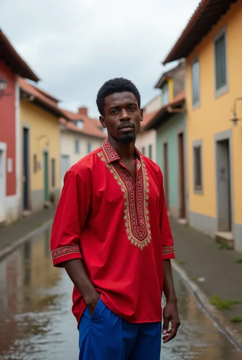  Angolan man wearing a red blouse, blue pants. short curly hair. From Frente to Ponte D .  Luís Porto Portugal