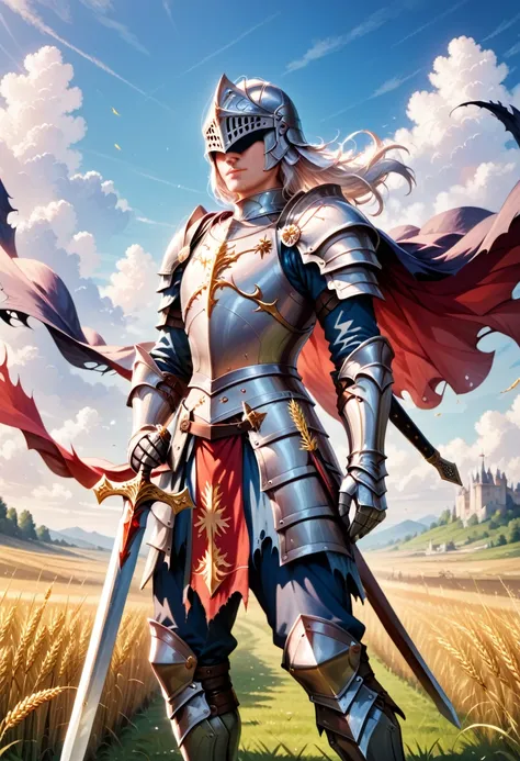 (high quality), (CGI), (masterpiece), (photorealistic), ((2.5d)), 1boy, 1other, ambiguous gender, arm at side, armor, breastplate, cape, cloud, covered eyes, day, faulds, field, floating cape, full armor, gauntlets, greatsword, greaves, hand on hilt, helm,...