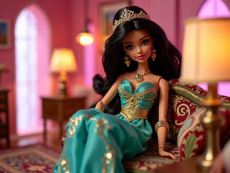 ((masterpiece))  ((Highest quality))  ((photography)) A close-up of a Barbie-style Jasmine doll in a miniature house, wearing her turquoise outfit adorned with gold accents and a jeweled tiara. She is reclining on a tiny plush sofa with Arabian-inspired pa...