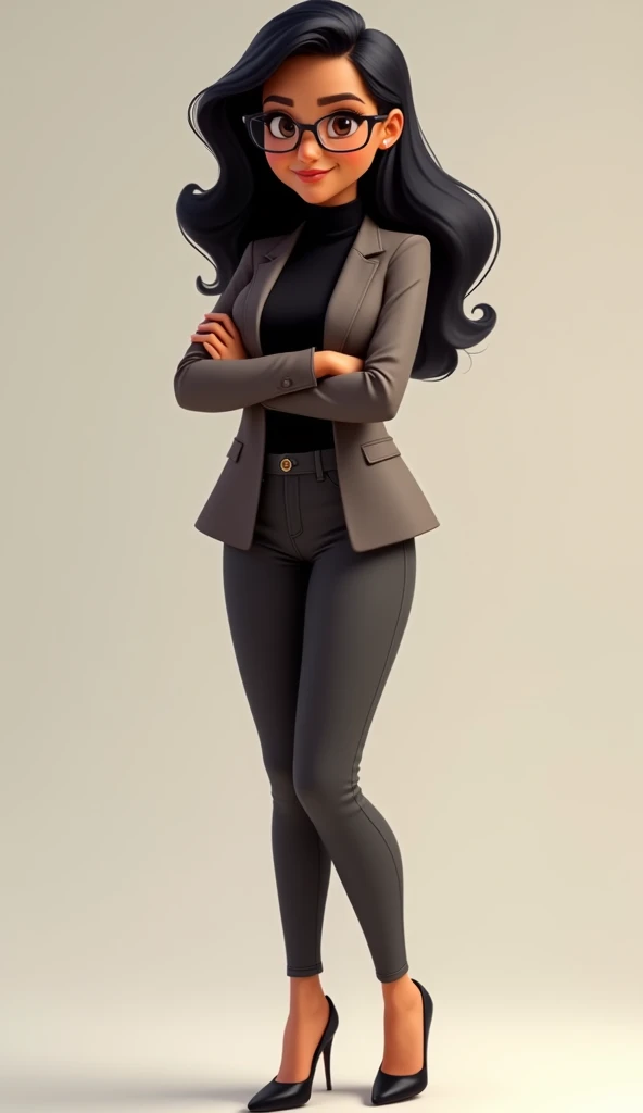  Disney-Pixar art style .  A Colombian brunette woman has an ideal body , sexy wavy body ,  and brown eyes with transparent glasses and black hair with a hairstyle. She wears a blazer  , black turtleneck,  super tight satin pants ,  and dark shoes .  the b...