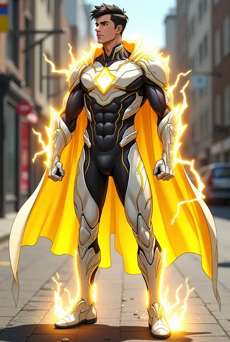 Suit for a male superhero that uses light as a power 

In white, yellow and black colors.

Without a cape or mask 

Anime type: Boku No Hero 