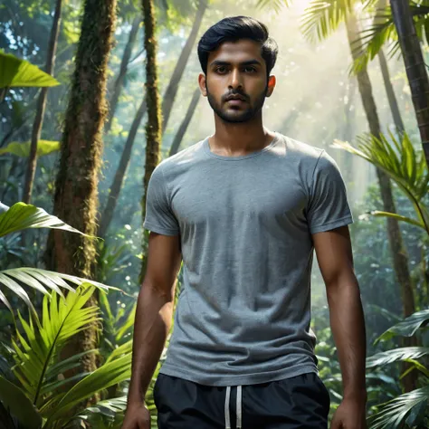 Ultrarealistic full-body portrait photograph of young Indian man, with defined jawline, dark realistic eyes, serious expression, with neat short black hair, and a neat stubble, wearing a gray T-shirt, and black shorts, standing in front of a tropical fores...