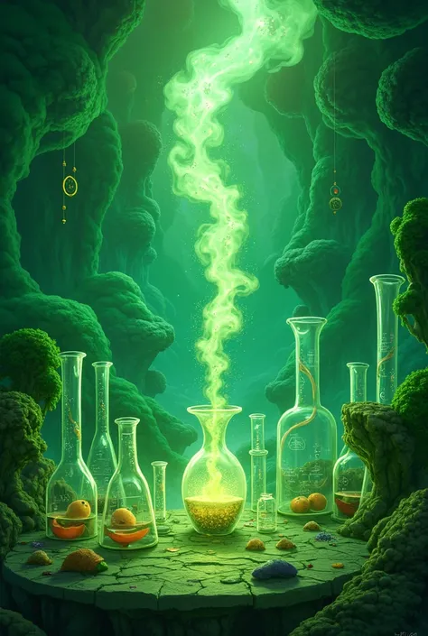 create an image of glassware and chemical symbols in a psychedelic style. use color pallet green. include atmosferic gases.
