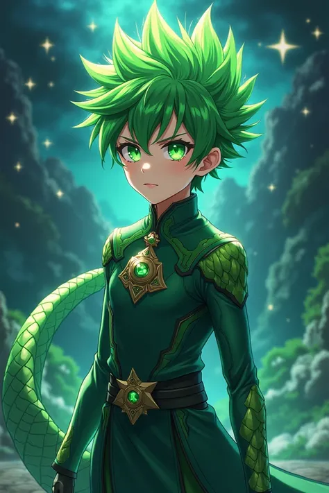 Create an anime boy he should be a stellar spirit and have the symbol of the dragon he should have green spiky hair and have a few greenish scales on his arms he should still have a green scaly tail