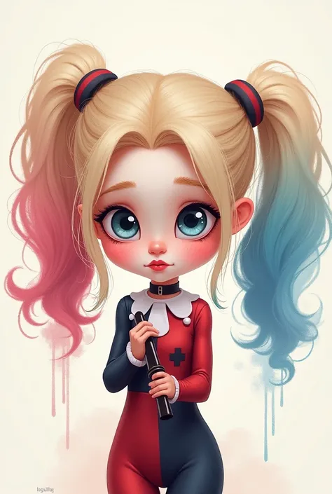 Illustration of the Harley Quinn cartoon version tender girl with tender and colorful eyes with her hammer