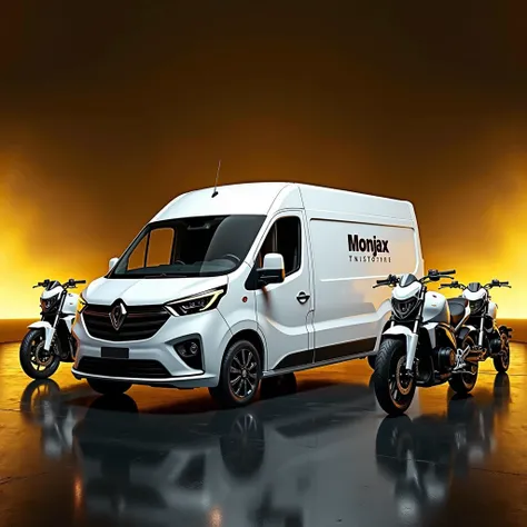  transport image of  ( Motorcycles, Fiorino  )  with gold and black background,  enterprise "monjax " Transport, VEHICLES IN THE COLOR WHITE, adicionar o nome da enterprise monjax  no cor dourada