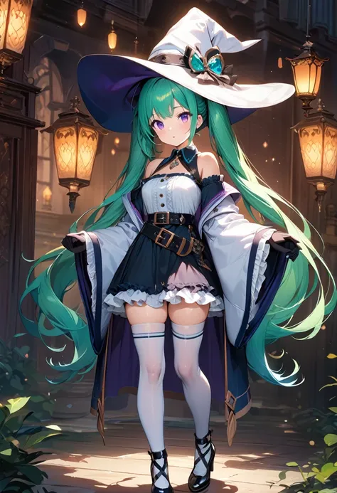 (masterpiece),(best quality),(ultra-detailed),(best illustration),(best shadow),(detailed background), 1girl, solo, hat, gloves, thighhighs, witch-hat, long-hair, black-gloves, green-hair, simple-background, belt, white-thighhighs, twintails, purple-eyes, ...