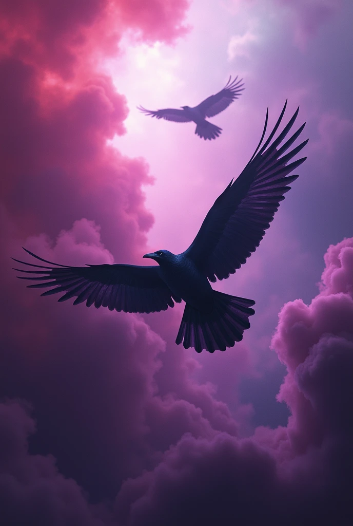 Several crows flying in the distance, realistic purple and red smoke

