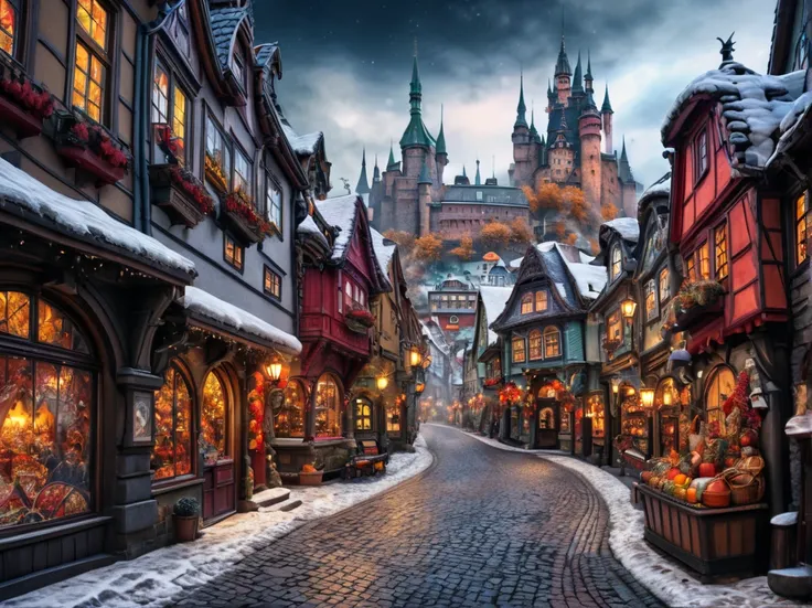 8k, 超 high definition ,  high definition ,  Movie-like ,  Movie-like  image,  intricate detail on the body, Realistic, photograph,

 fantasy art style , Mysterious, Nordic cityscape,Shopping Street,castle town,Crooked Road,Snow trails, winding cobblestone ...