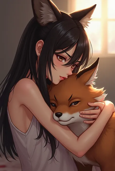 An angry but very beautiful Asian girl strokes a brunette fox girl on the head and comforts her 