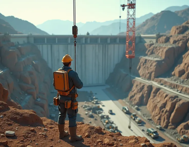 Man working with a very tall fixed crane in a hydroelectric dam construction