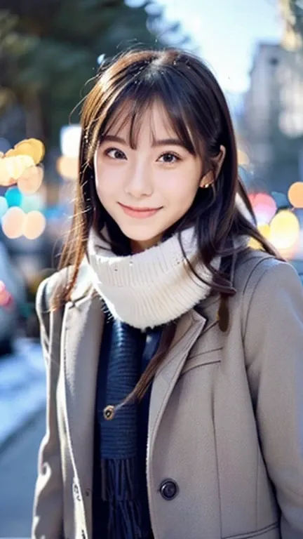 (Wore a winter uniform and scarf coat、 Close-up portrait of a girl with long hair and dull bangs:1.5)、(One person*** wearing a winter uniform and scarf coat spreads her arms and has a shy smile :1.5)、( Christmas decorations on a street corner on a snowy wi...