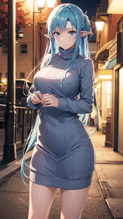 masterpiece, best quality, highres, bbasuna, long hair, blue hair, blue eyes, pointy ears, sweater dress, long sleeves, turtleneck, outdoors, street, standing, cowboy shot, night