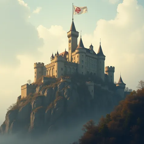  A fortified castle on top of a hill ,  surrounded by high, impenetrable walls . At the top of the tallest tower ,  a white flag with a symbol of faith ,  representing God as our refuge and stronghold."