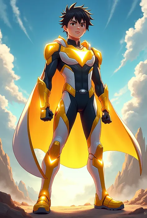 Suit for a male superhero that uses light as a power 
14-year-old teenager

In white, yellow and black colors

Without a cape or mask 

Anime type: Boku No Hero 