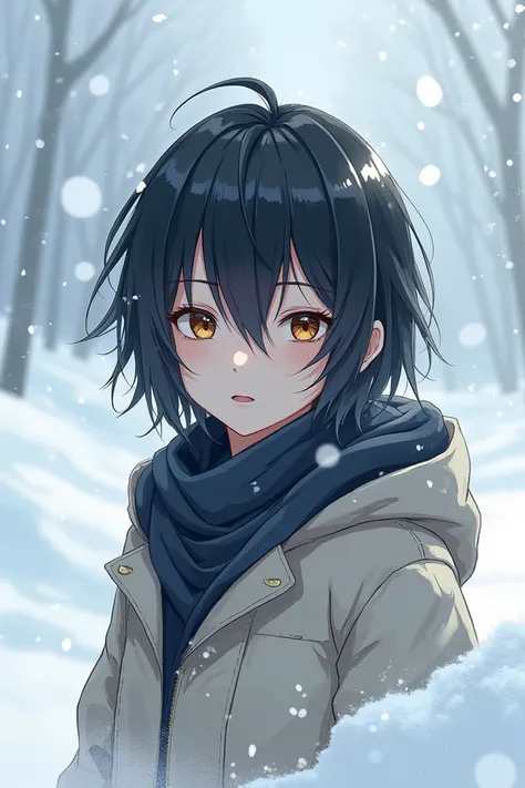 A , black hair , brown eyes ,  white skin in the snow , style manga 