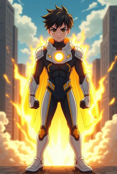 Suit for a male superhero that uses light as a power 
14-year-old teenager

In white, yellow and black colors

Without a cape or mask 

Anime type: Boku No Hero 