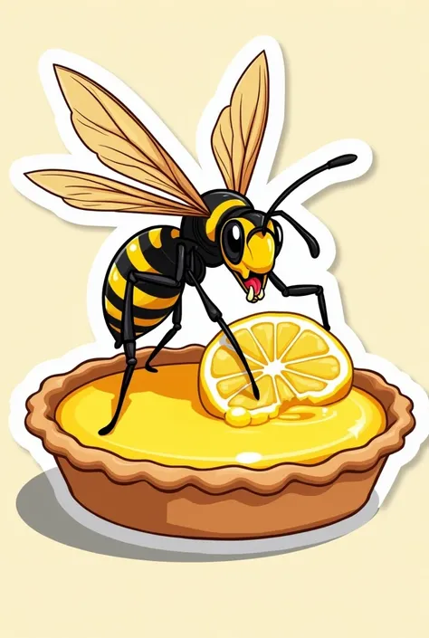 Create a sticker of a wasp eating a lemonpie