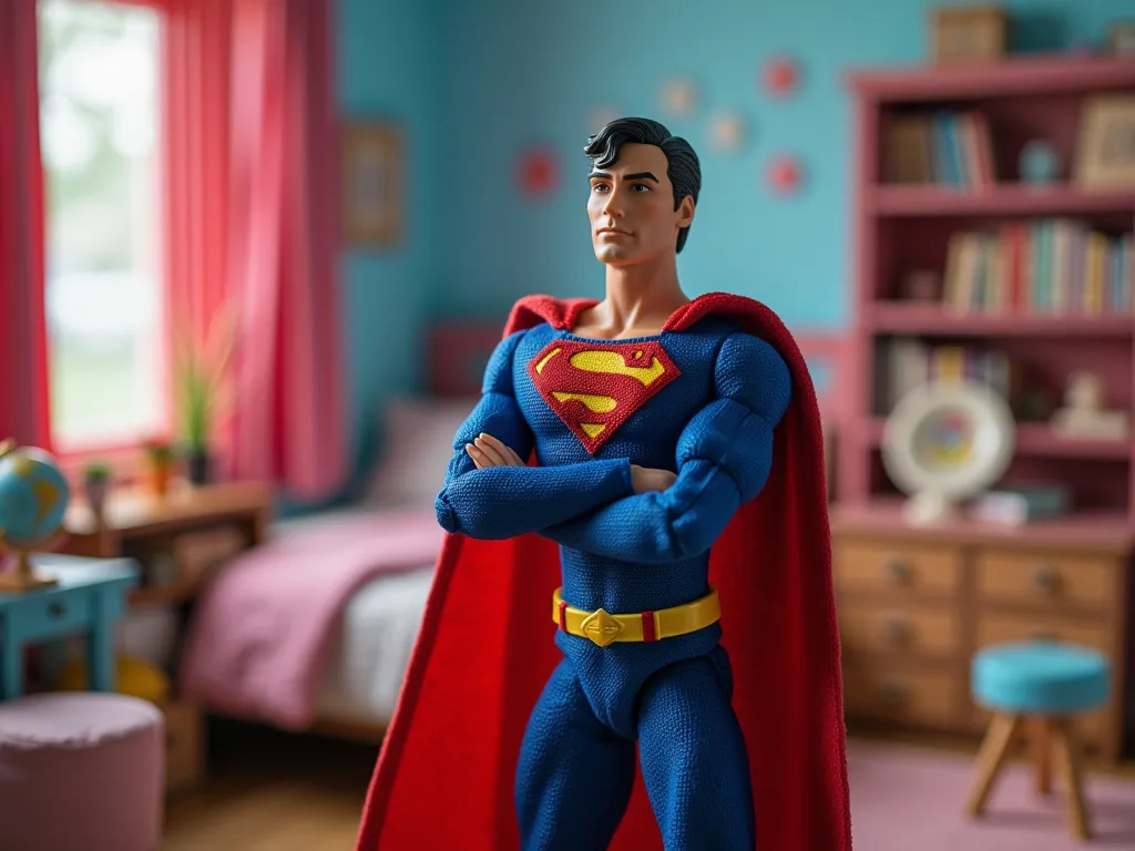 ((masterpiece))  ((highest quality))  ((photography)) a close-up of a ken-style superman doll in a miniature house, wearing his ...