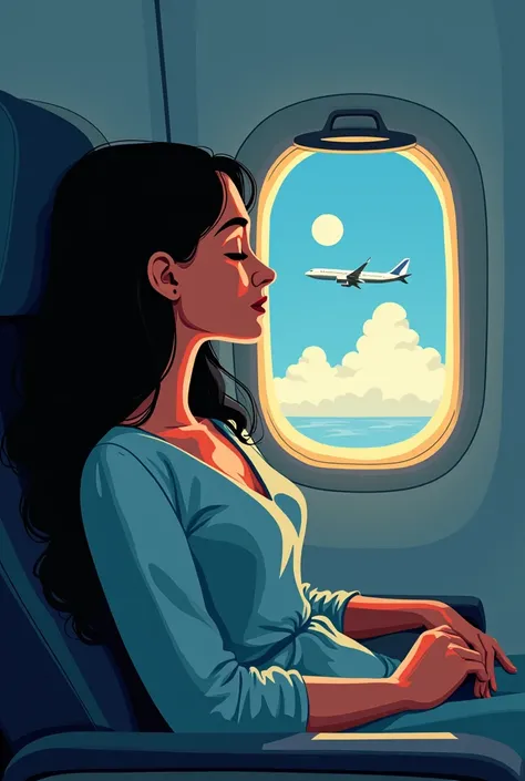  Create an image for the cover of  "  Sleeping Beautys plane   "  one of Gabriel García Márquezs twelve pilgrim stories in that image you will see reflected the two protagonists sitting NEXT TO each other in the airplane cabin ,  where the woman is sleepin...