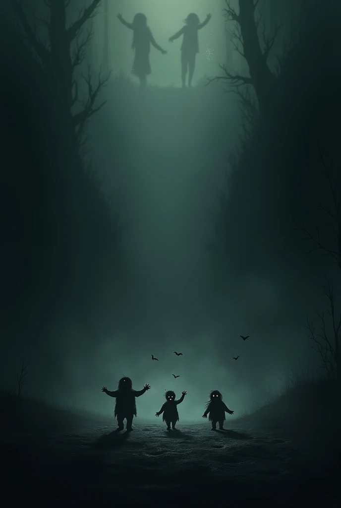 Create a creepy and suspenseful image featuring small, frightened figures. Place these figures in a dark and eerie setting, with subtle shadows and a sense of foreboding. Ensure the figures appear frightened, conveying a sense of vulnerability and fear. Su...