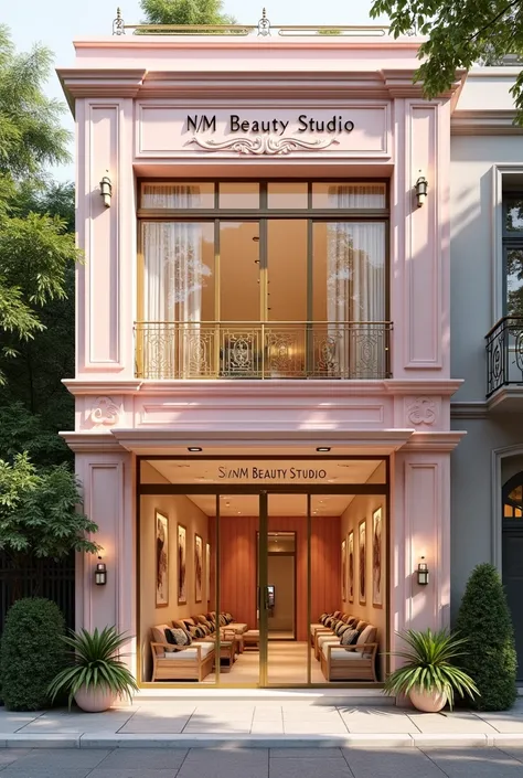 Make the outside of a room with the name N/ M Beauty Studio with the Baby Pink and Gold Color Palette, Dont overdo it so much