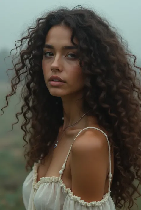 Woman with curly hair on her back