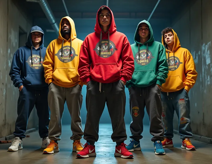 cinq power rangers vêtus de joggins, baskets et sweat à capuches, style racaille