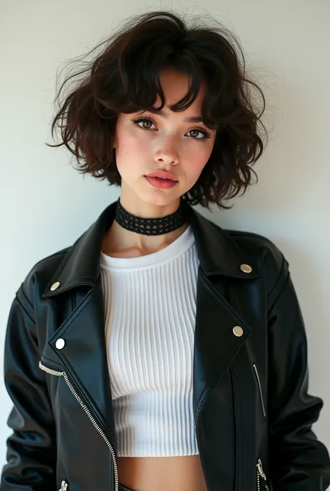 Make an image of a white teenage girl with short curly hair who wears a black leather jacket underneath a white shirt with very large and thick stripes vertically