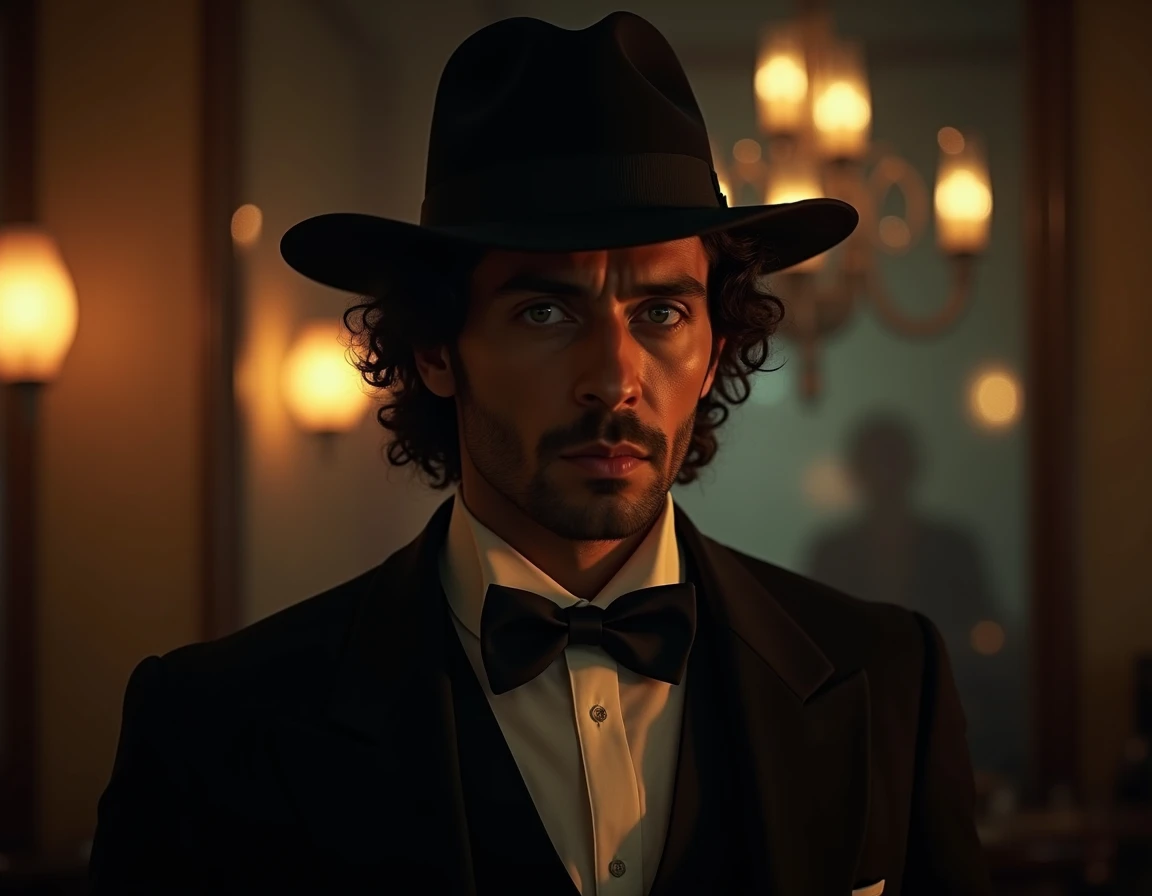 a well-dressed brazilian man curly medium-length hair, green eyes, wearing a tailored suit and hat in 19th century style, standing in a bar in South Africa, cinematic lighting, chiaroscuro, dramatic shadows, moody atmosphere, photorealistic, highly detaile...