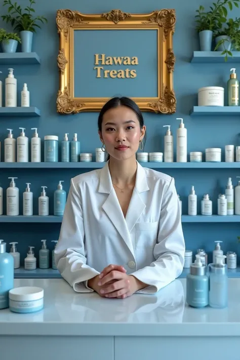 Create a big skincare formulations store with beautiful golden frame that is well placed on the wall with different types of creams,  scrubs, serums, facials,  body and hand lotions , oils, soaps, cleansers,  gels well arranged around the store in blue and...