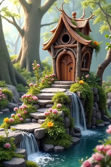 In a magical forest, a beautiful fairy house was built from tree trunks, it has a path made of river stones, on the side a small waterfall falls into the surrounded lagoon.