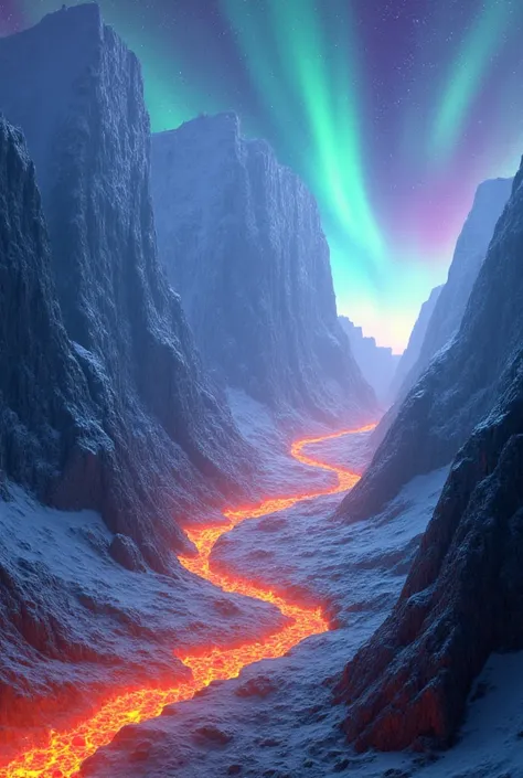 A strange sight, frozen glaciers sandwiched between fire and magma, bright and colorful auroras shining in the sky,