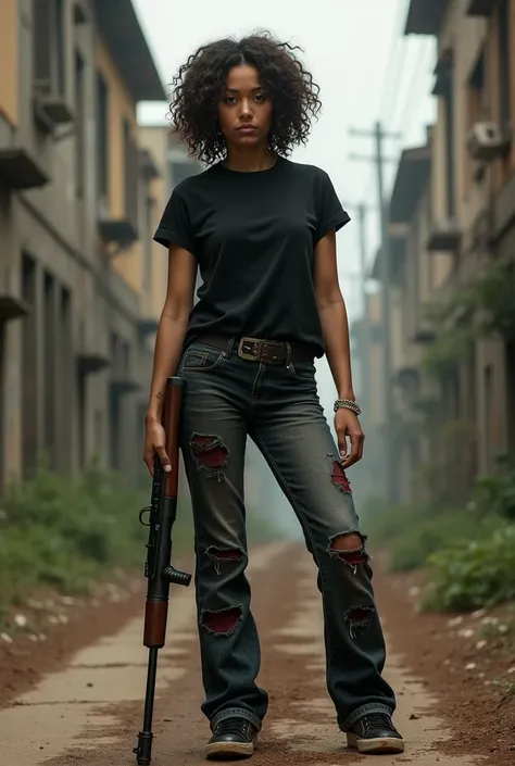  a 25-year-old Brazilian woman with fair skin ,Chubby curly hair  ,Lesbian ,de oculos,  black t-shirt wearing dark jeans soiled with blood and dirt  , black sneakers holding a shotgun in an apocalyptic setting  