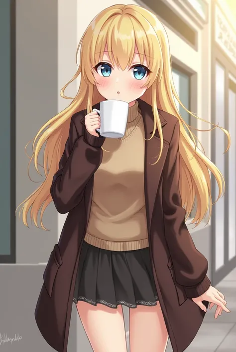  high definition , masterpiece, accurate, High Quality ,  1 girl, solo,  shortcuts,  natural smiles,  smaller breasts,  blue eyes, Blonde, Droopy eyes,  Sparkling Eyes, skinny, attractive legs, drinking coffee, wearing coat, 