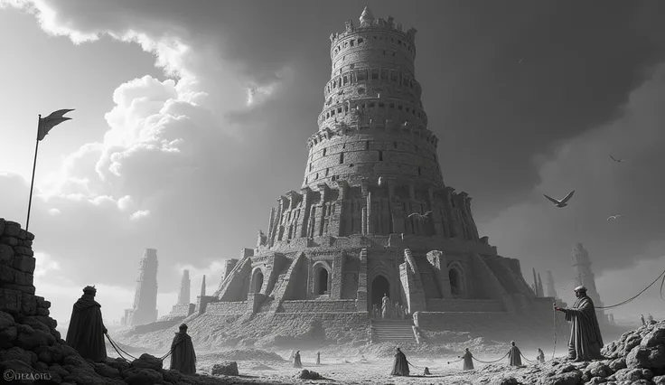 " A detailed and historic image of the Tower of Babel ,  with circular spiral layers that rise on a colossally tall structure ,  inspired by classical representations and ancient engravings .  The tower is made of sturdy stones ,  ,  with small human figur...