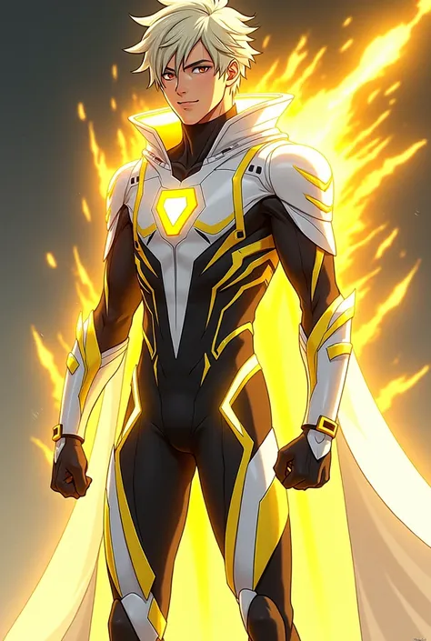 Suit for a male superhero that uses light as a power 
14-year-old teenager
Blonde with a white lock

In white, yellow and black colors

Without a cape or mask 

Anime type: Boku No Hero 