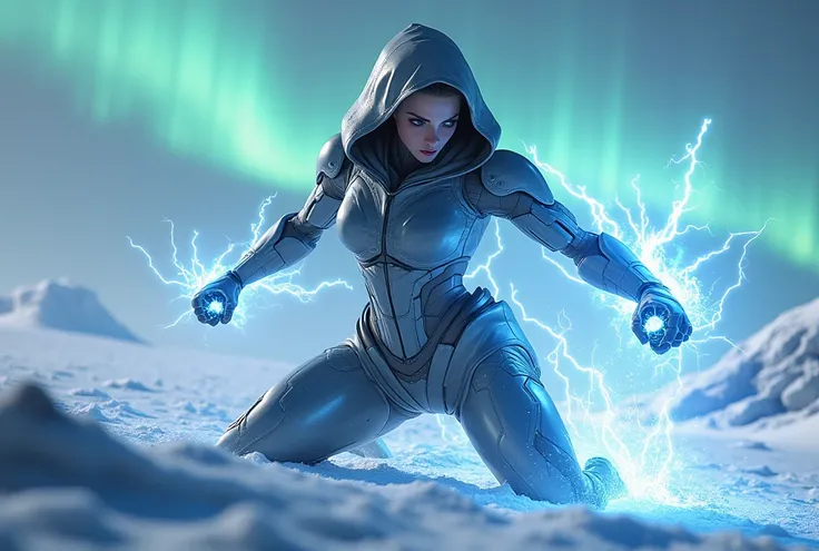 Fantasy female android (static shock:1.2), electric power, attack, hood, action pose, dynamic angle, 1 knee up, 1 kneeling, show off thick thigh, put 1 fist on ground, angry, in Aurora Over the Glacier, in the future,