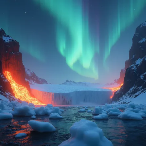 A strange sight, the glacier is surrounded by flames and magma, bright and colorful auroras shining in the sky,