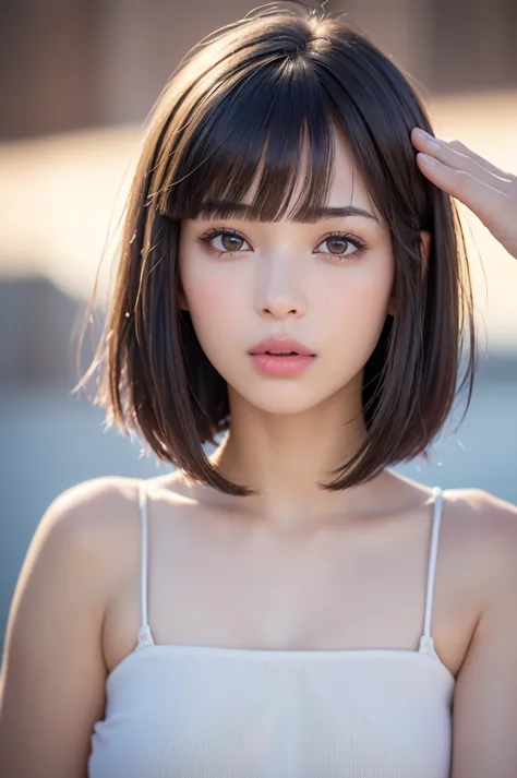 whole body、 best quality,  realistic, 8k,  high definition ,  1 girl , woman, (Short Bob P: 1.8, Parted bangs: 1.6),  Watch Viewers, ( 1 girl s EyesViewer: 1.6),  realistic, (Bokeh), ( floating hair , lips,  mouth on the palm of your hand: 1.43),