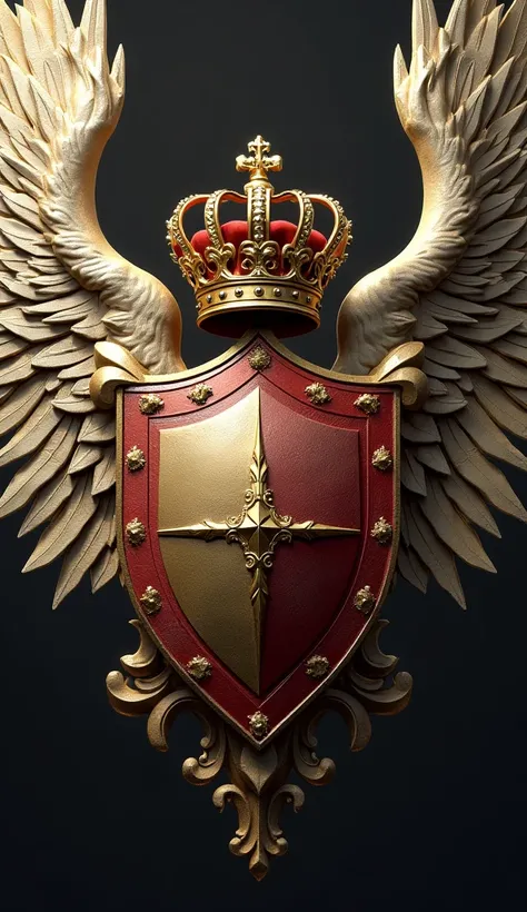 Very realistic coat of arms with wings and a kings crown on top 