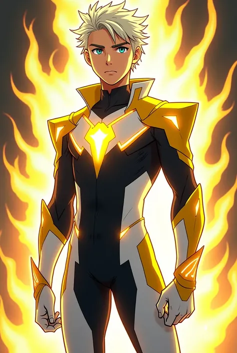 Suit for a male superhero that uses light as a power 
14-year-old teenager
Blonde with a white lock

In white, yellow and black colors

Without a cape or mask 

Anime type: Boku No Hero 