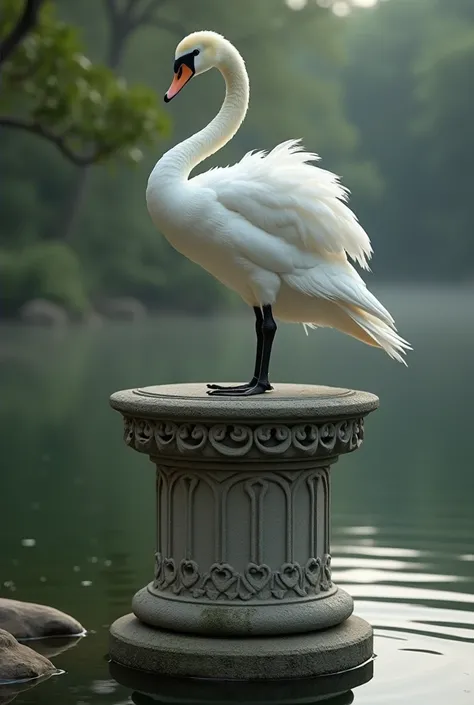 A swan sitting on a pillar 