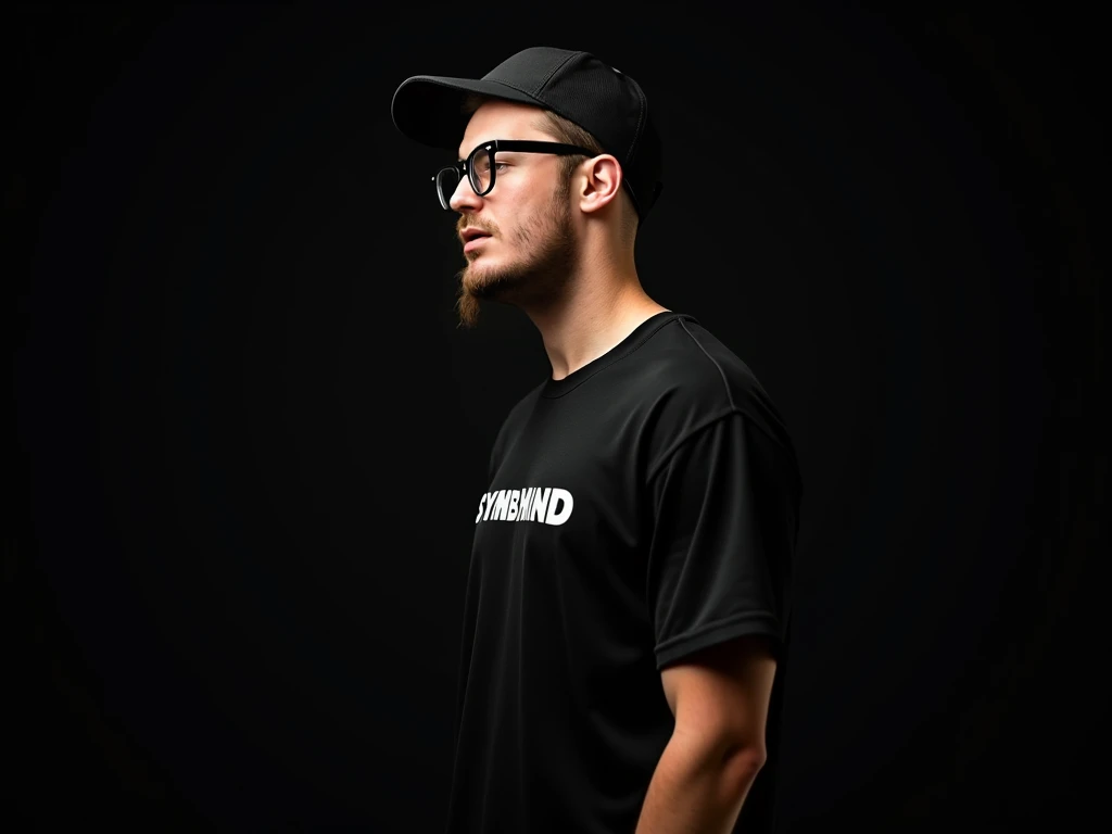  A little side view , Create a trendy ,  a bright image of a young guy , hair is cut short like a military mans, stylish black glasses ,  A guy of a pumped up build ,  The guy has an oversized black t-shirt with the inscription in white SYMBIMIND. Использу...