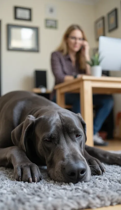 An ultra realistic Great Dane dog measuring 111 cm, dark gray, sleeps on a gray rug in the foreground, with its head resting on the rug. The dogs paws and nose are prominent in the close-up. In the background, a blurred woman with blonde hair and glasses s...