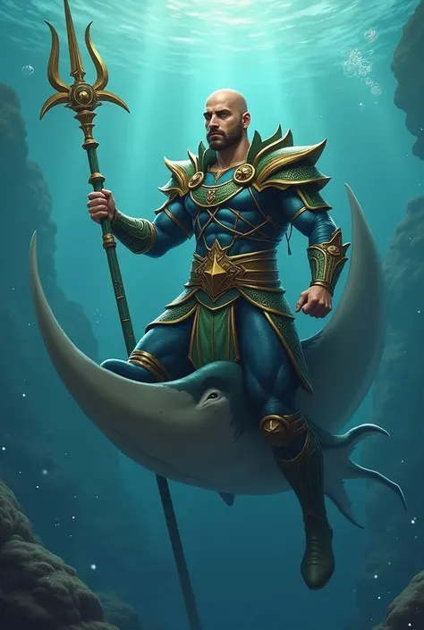  Bald man with short beard and short mustache , normal physique, unmuscular , in blue ,  green and gold Atlantis armor while holding a trident and riding a manta manta under water
