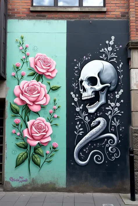 Two graffiti arts. One says “ParisPearl” and is light greens and light pink with roses of those colors related to demon slayer. The other one says “ShinsoAizawa” and is black and white with skulls and snakes of those colors related to my hero academia.