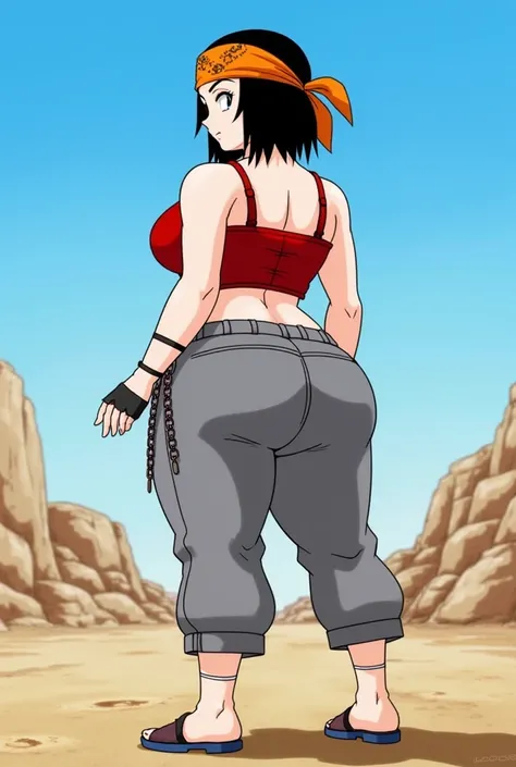 1girl, Dragon Ball GT Pan, red crop top exposing her midriff, sports an orange bandana on her head, chains on the right side of her gray capris jeans and finger-less gloves, race white, black hair, curvy. From Behind, short hair, thicc, blue sky, rocky was...