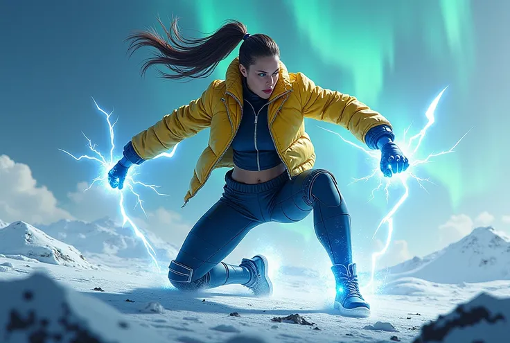 Fantasy female android (static shock:1.2), electric power, attack, hood, action pose, dynamic angle, 1 knee up, 1 kneeling, show off thick thigh, put 1 fist on ground, angry, with shocking yellow and blue jacket, in detailed beautiful large Aurora Over the...