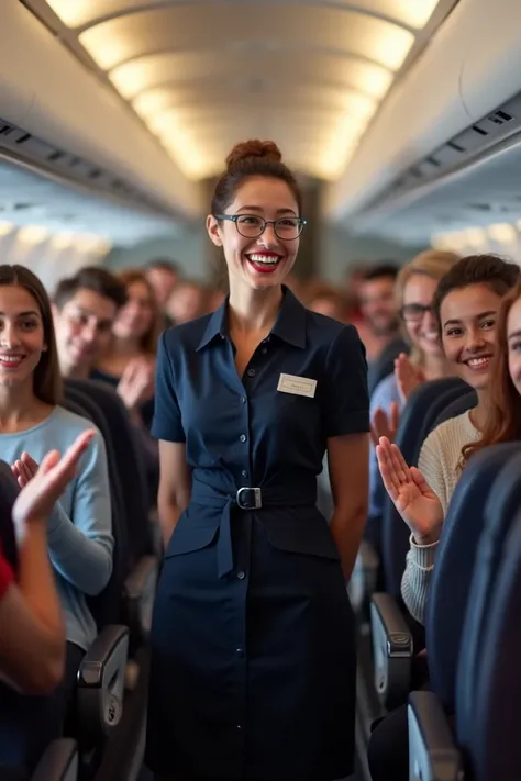 Flight attendant smiling on a flight and passengers applauding her